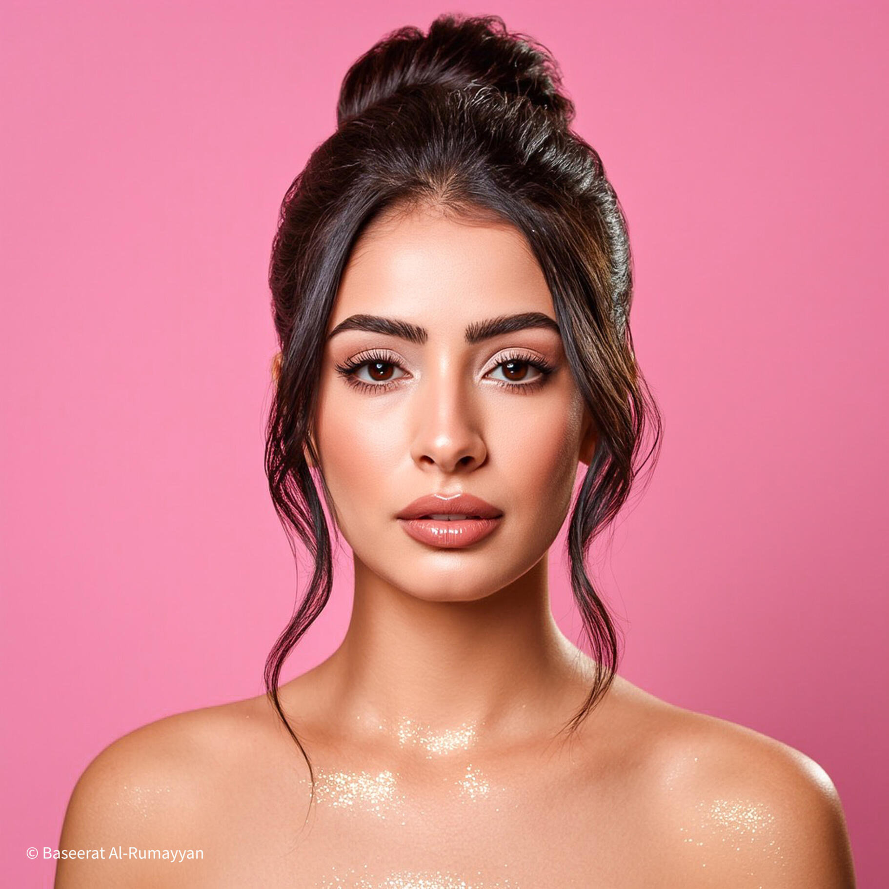Baseerat Al-Rumayyan Blog Elegant Beauty portrait of Baseerat Al-Rumayyan with glowing skin and natural makeup against a bold pink backdrop