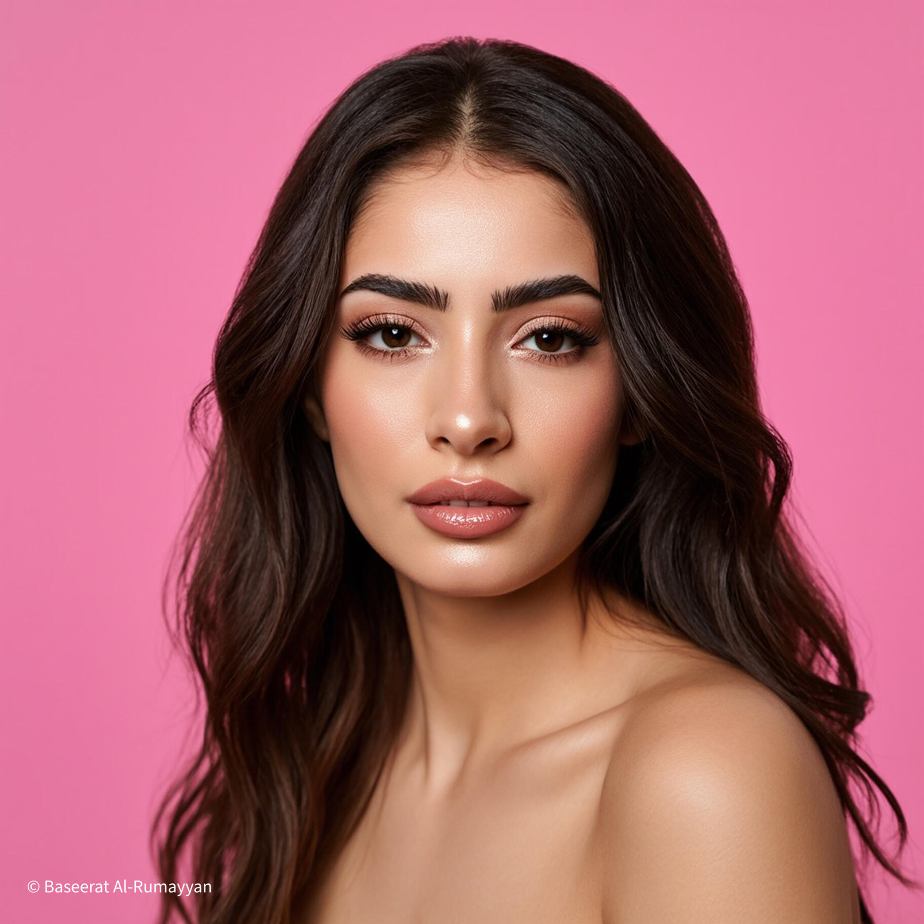 Baseerat Al-Rumayyan Blog Elegant Beauty portrait of Baseerat Al-Rumayyan with glowing skin and natural makeup against a bold pink backdrop